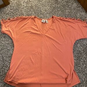 Daytrip Coral V-Neck Short Sleeve Tunic with Ladder Shoulder Detail